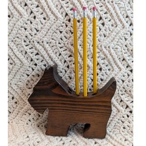 Vintage Wood Scottie Dog Pencil Holder Scottish Terrier Desk Organizer Brown